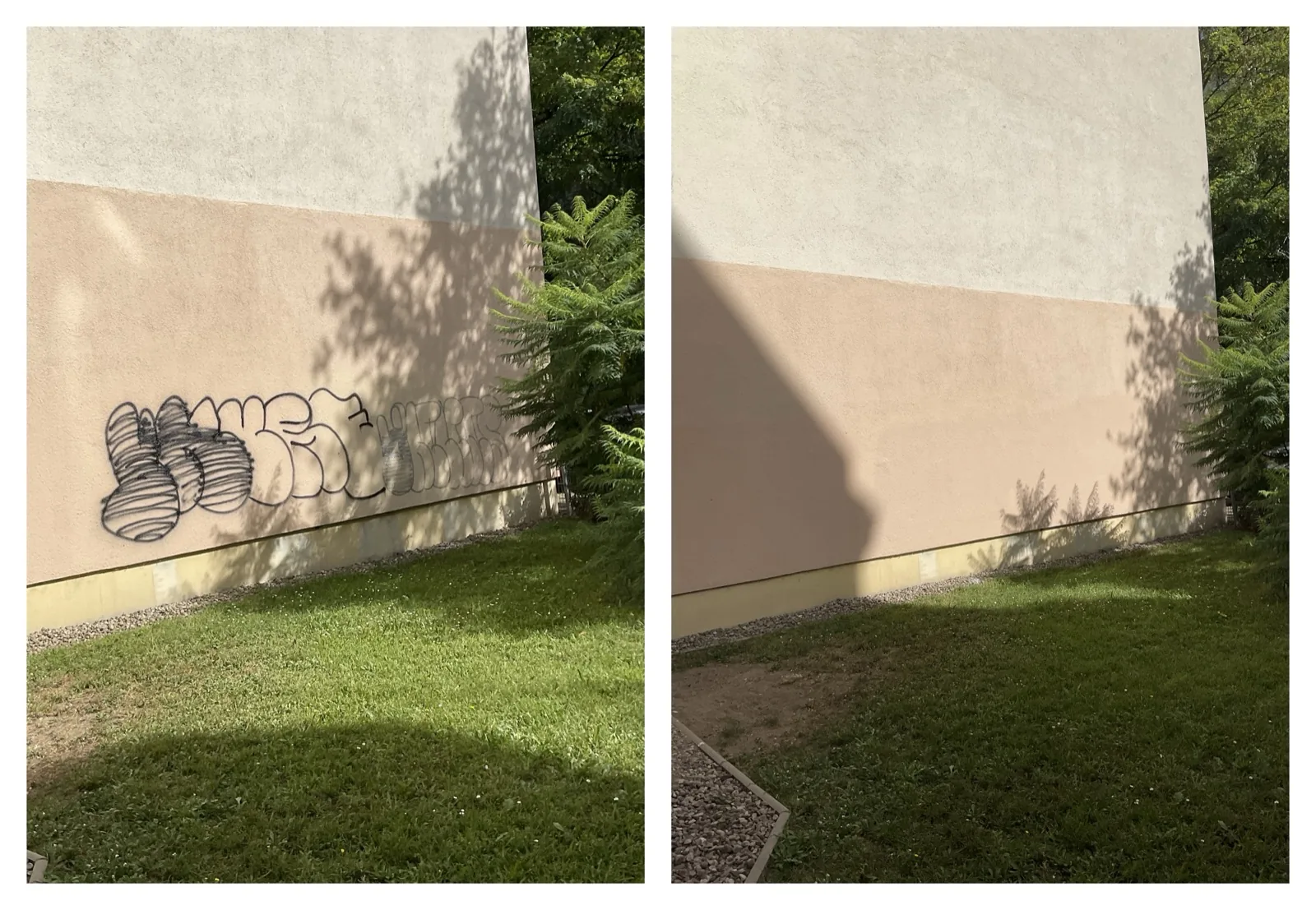 Vorher/Nachher: Bubble-Tag an lachsfarbener Wand am Garten, nach der Beseitigung sauber