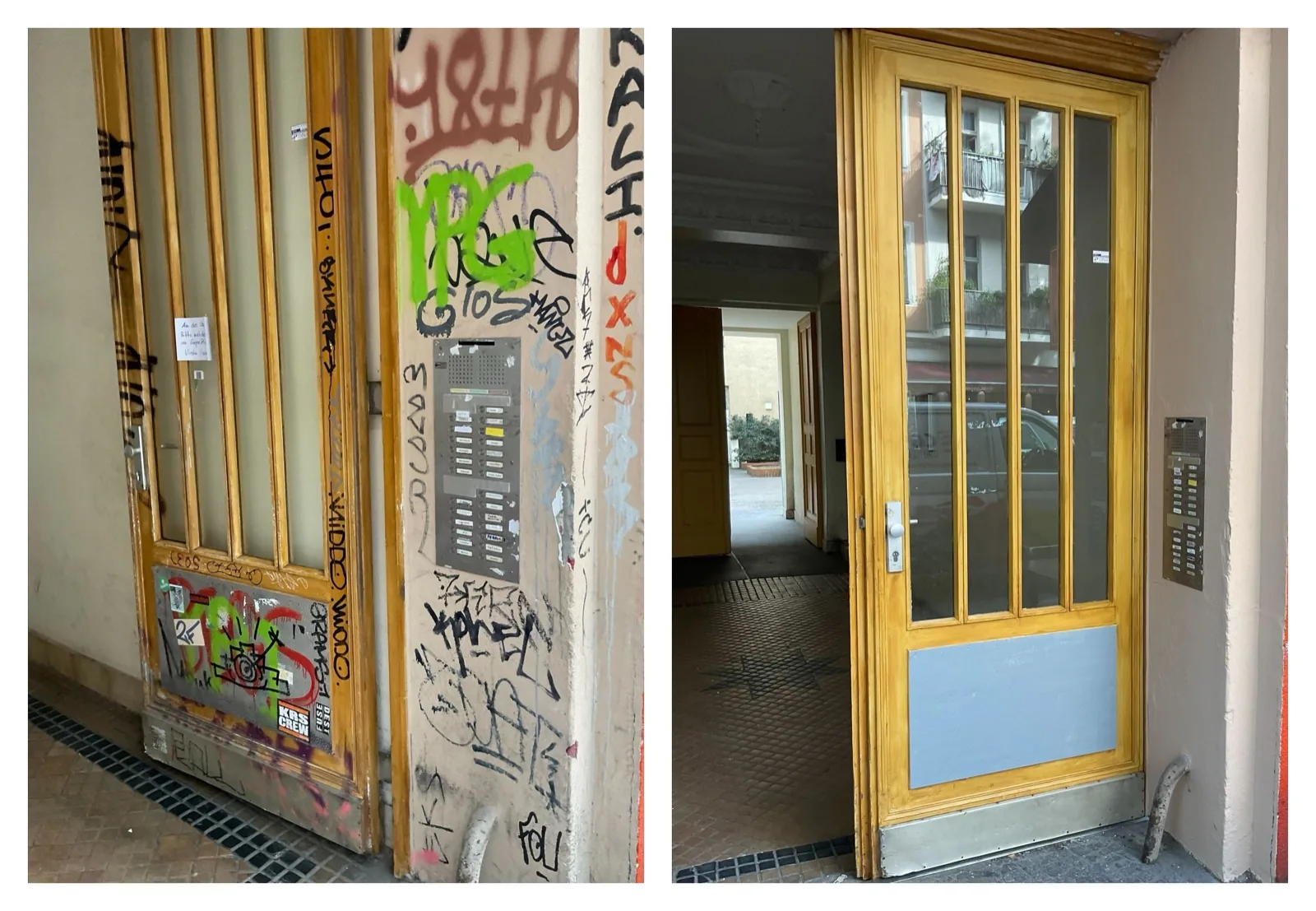 Vorher/Nachher: Hauseingang mit Holzrahmen und massivem Tagging, nach der Reinigung sauber