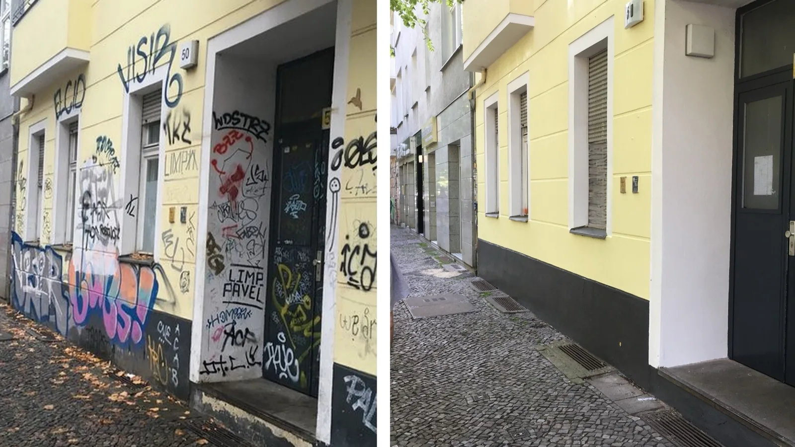 Vorher/Nachher: Berliner Altbau mit gelber Fassade und Tags, danach saubere Fassade