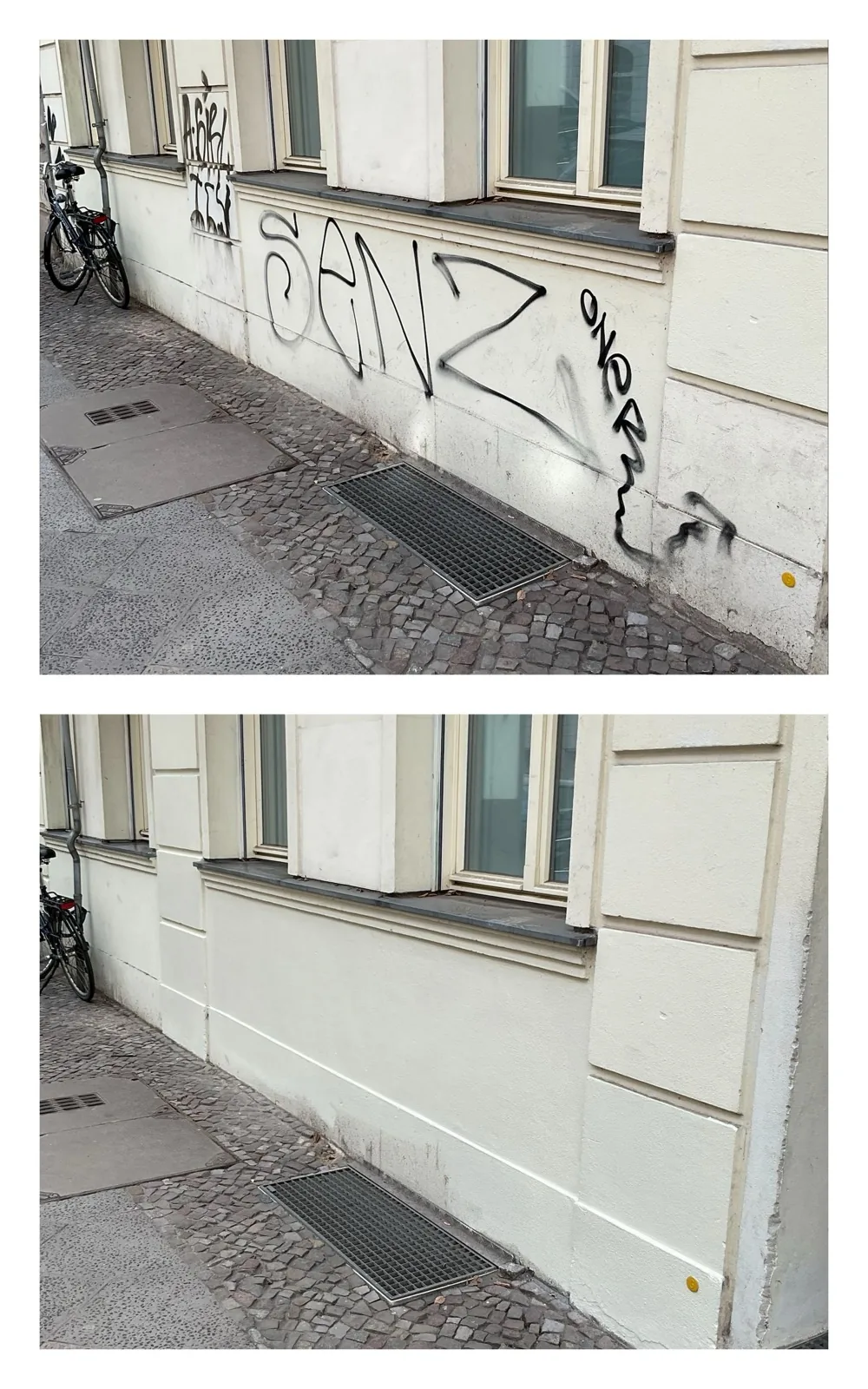 Vorher/Nachher: SANZ-Tag an weißem Stuck-Sockel, danach restauriert