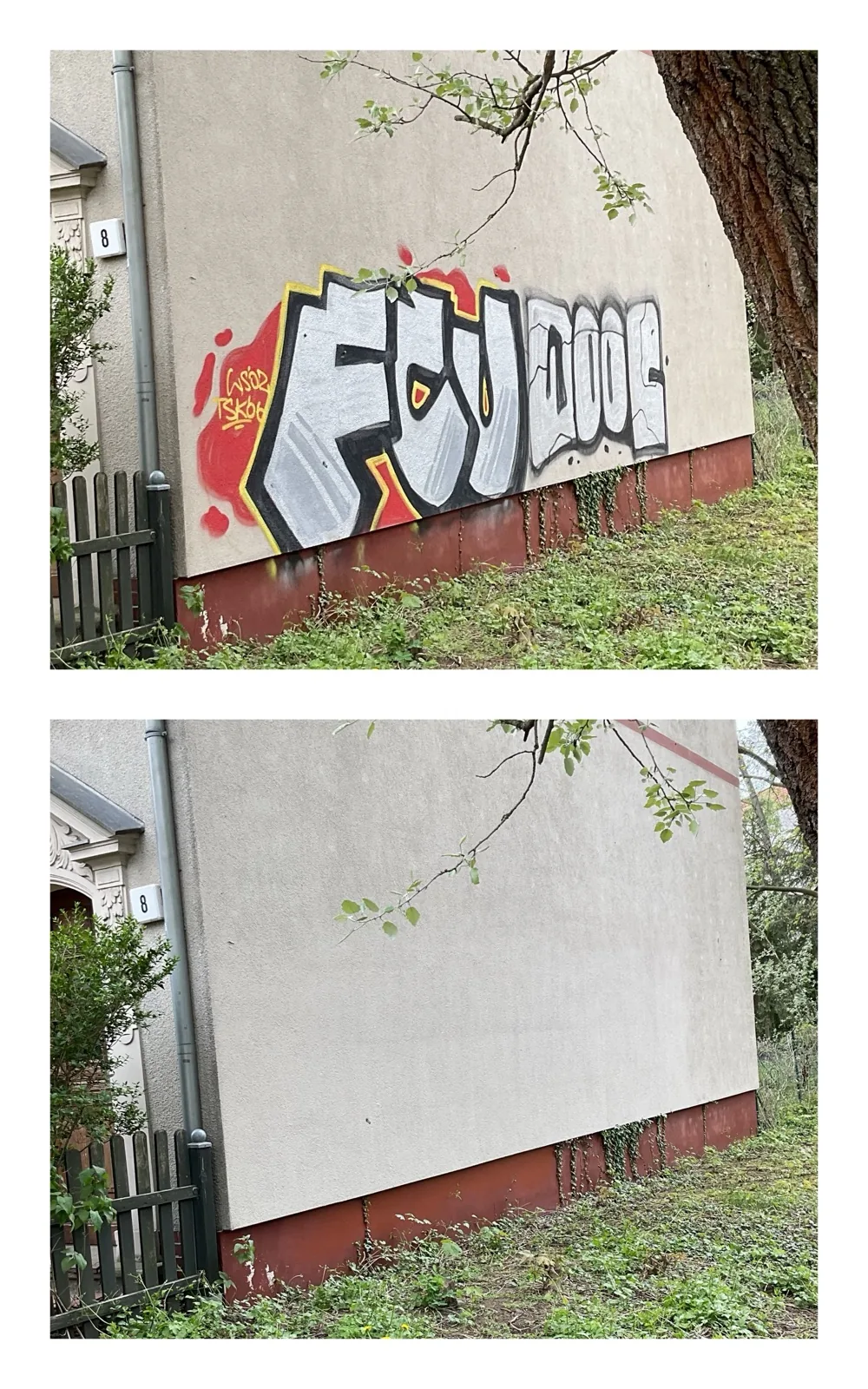 Vorher/Nachher: großflächiges FCU-Piece an Hauswand am Eck, danach komplett entfernt