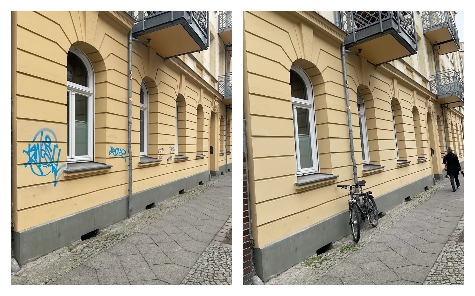 Vorher/Nachher: Altbau mit Bogenfenstern und kleinen Tags, nach Beseitigung sauber