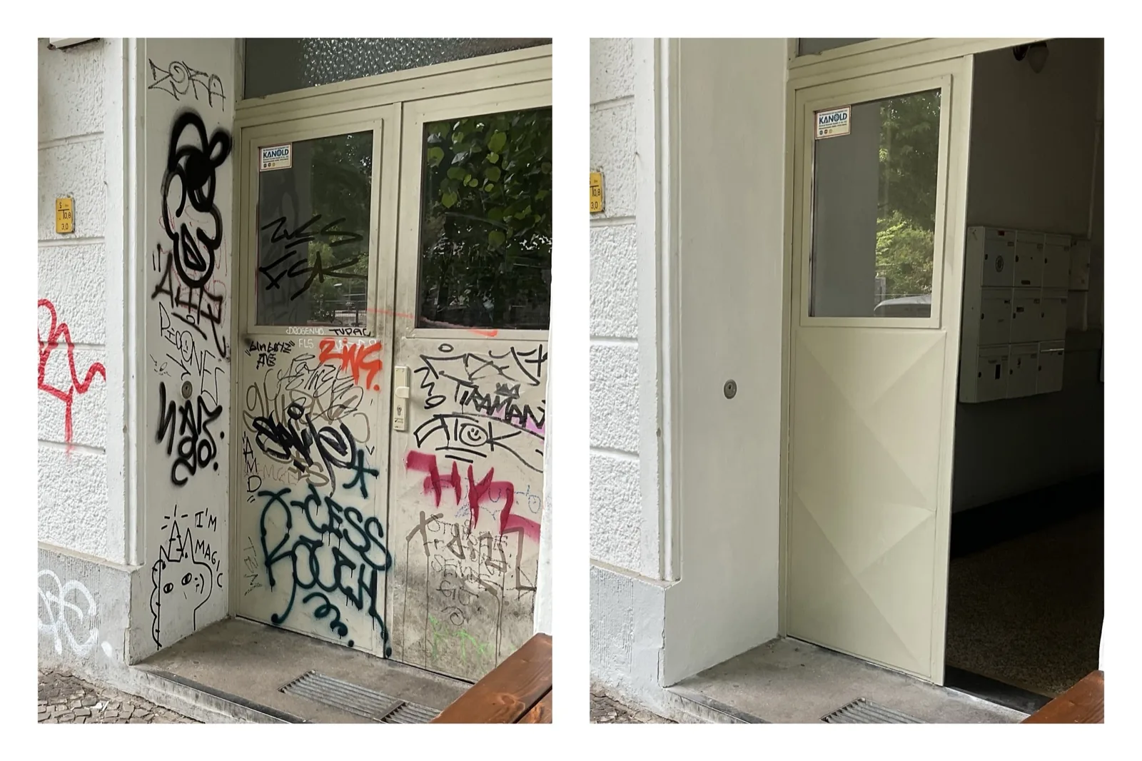 Vorher/Nachher: stark zugetaggter Hauseingang, nach Reinigung wieder sauber