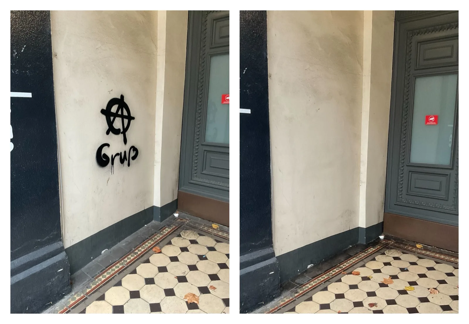 Vorher/Nachher: Anarchie-Symbol an Wand mit historischem Fliesenboden, danach restauriert