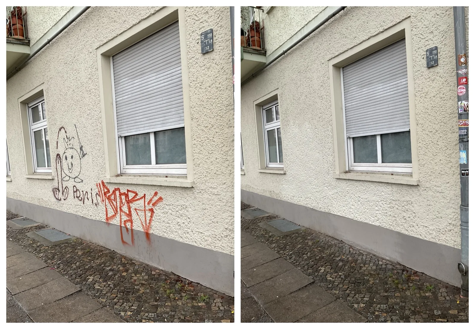 Vorher/Nachher: roter Tag auf Strukturputz-Fassade, nach Beseitigung spurlos