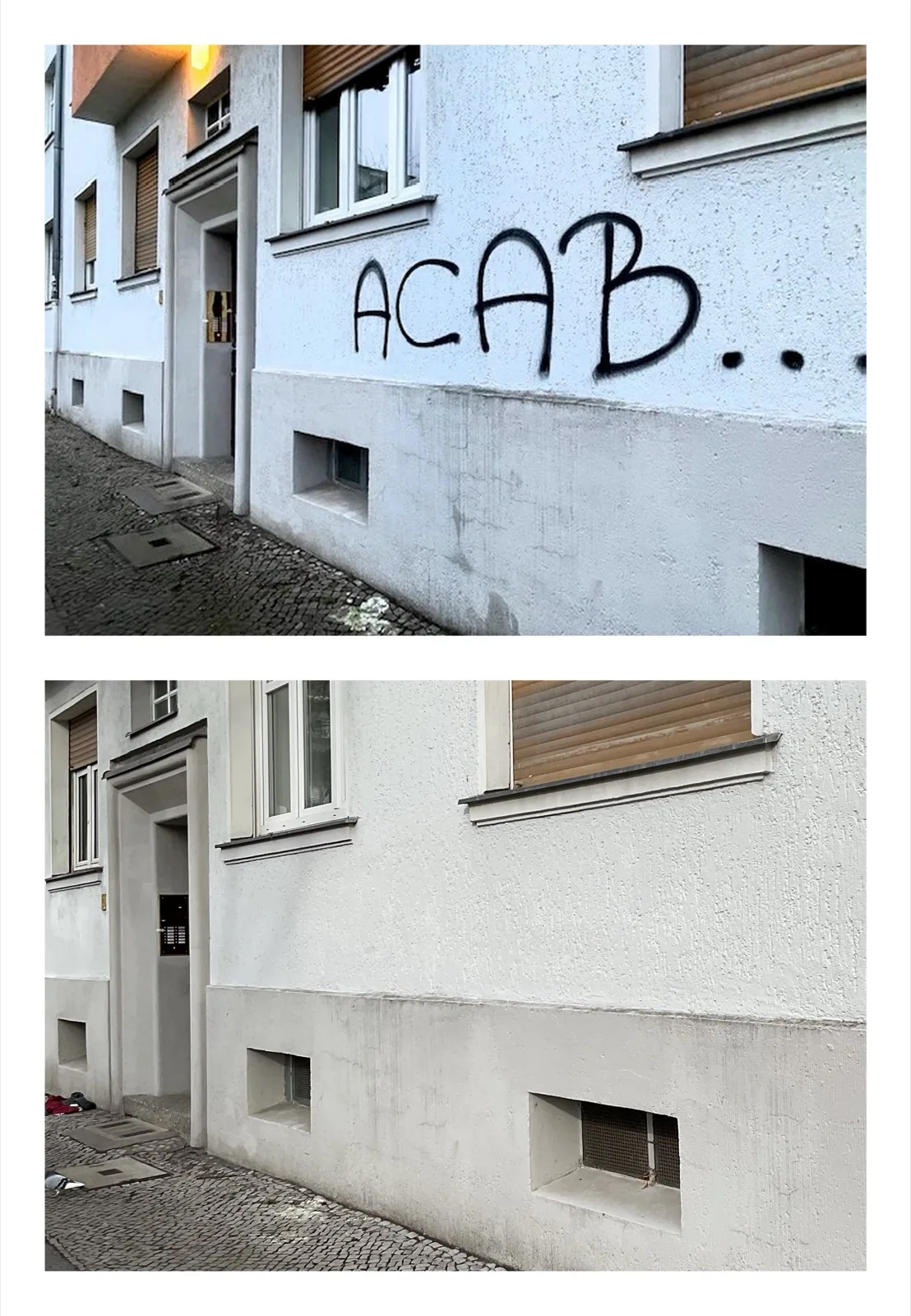 Vorher/Nachher: ACAB-Tag am Hauseingang, danach komplett entfernt