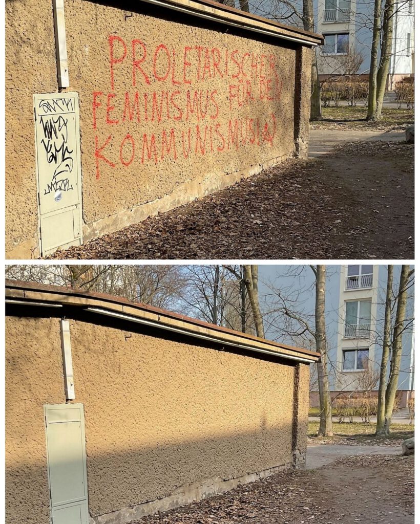Graffiti entfernung an hauswand im stadtbild vorher nachher vergleich mit sauber gereinigter fassade