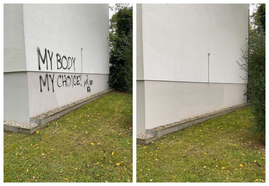 Graffitientfernung an Hauswand mit partieller Farbanalyse – saubere, gleichmäßige Fassade nach professioneller Reinigung mit ColourClean