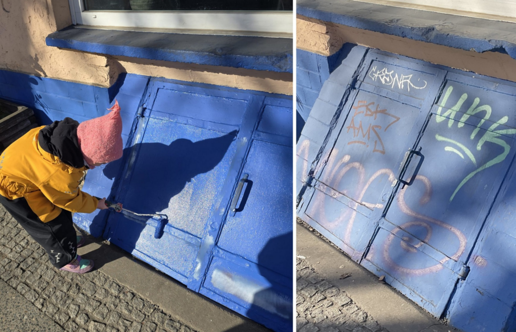 lustige Graffiti Entfernung mit ColorClean Anwendung Fassade